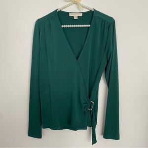 Michael Kors Emerald Green Long Sleeve Wrap Top With Gold Buckle